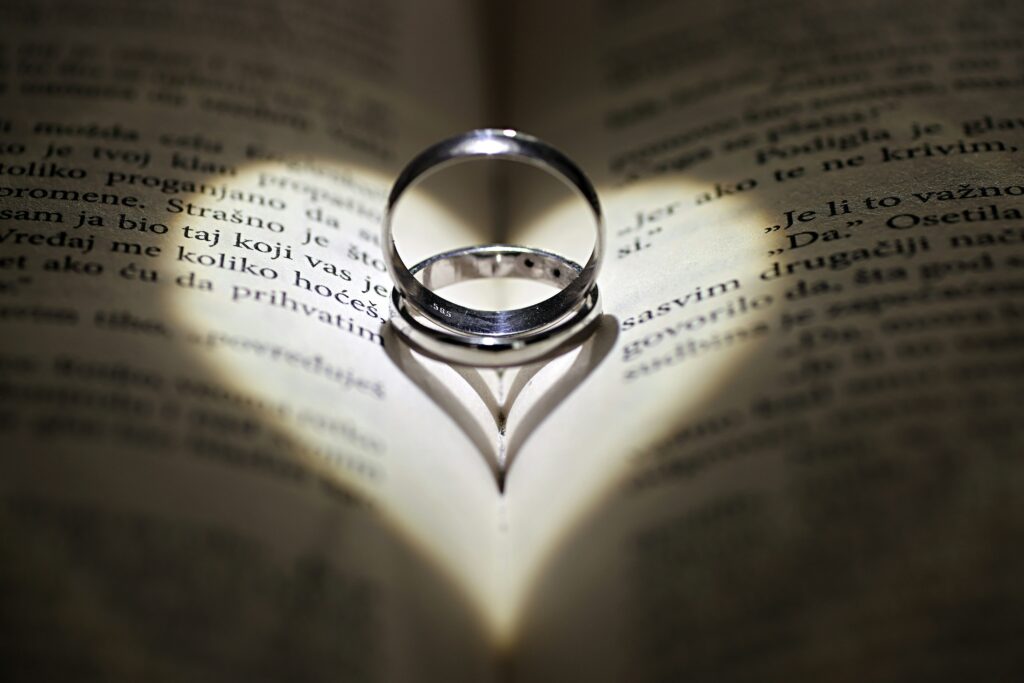 wedding rings on a legal book